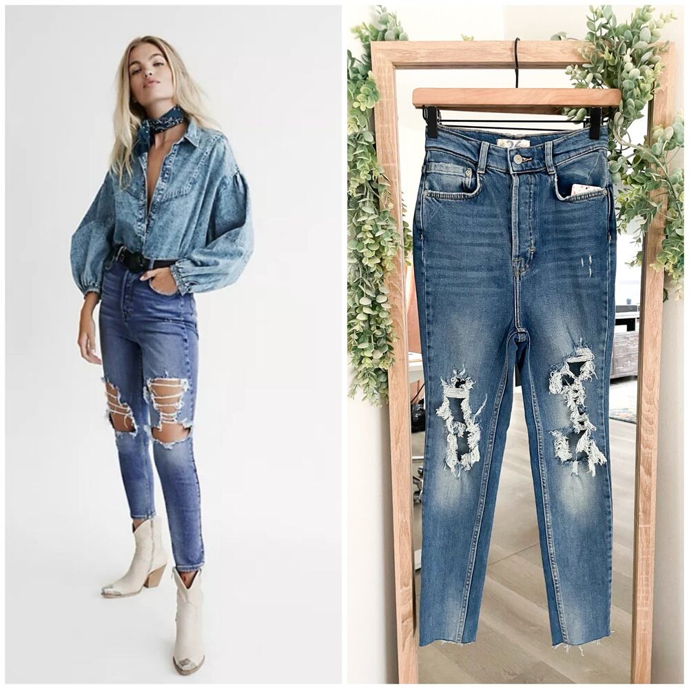 Free People Phoenix Distressed Skinny Jeans Size 26 Ripped Blue Denim - Picture 1 of 14